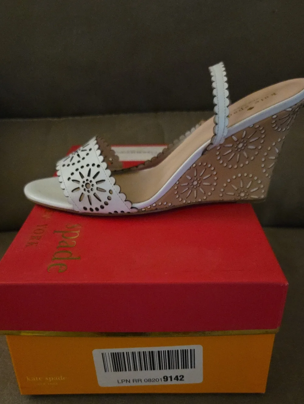 kate spade White and Tan Laser-Cut Slingback Wedges